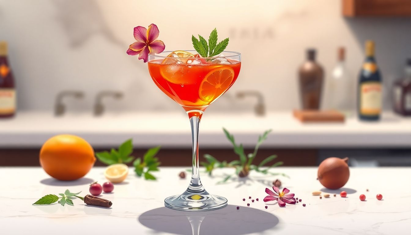 Elegant cocktail on a minimalist countertop.