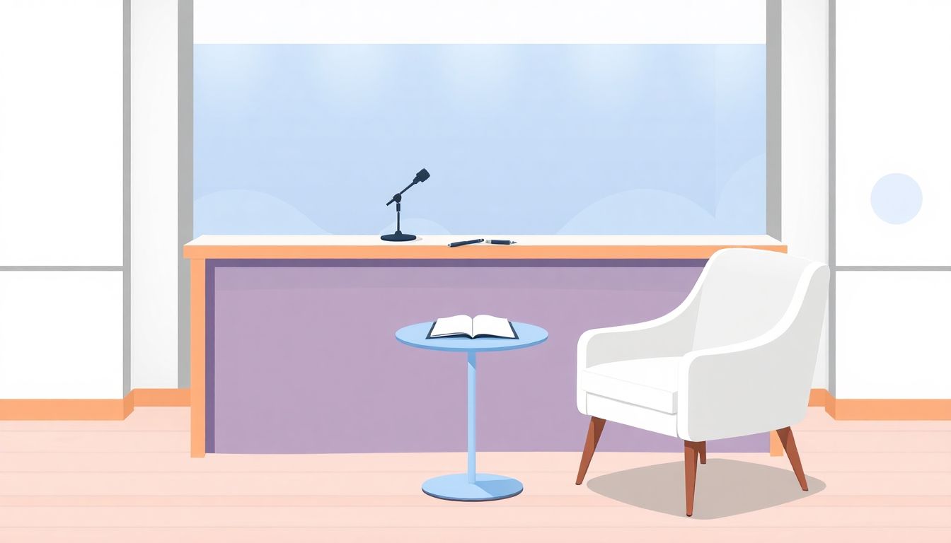 Minimalist talk show set with elegant features.