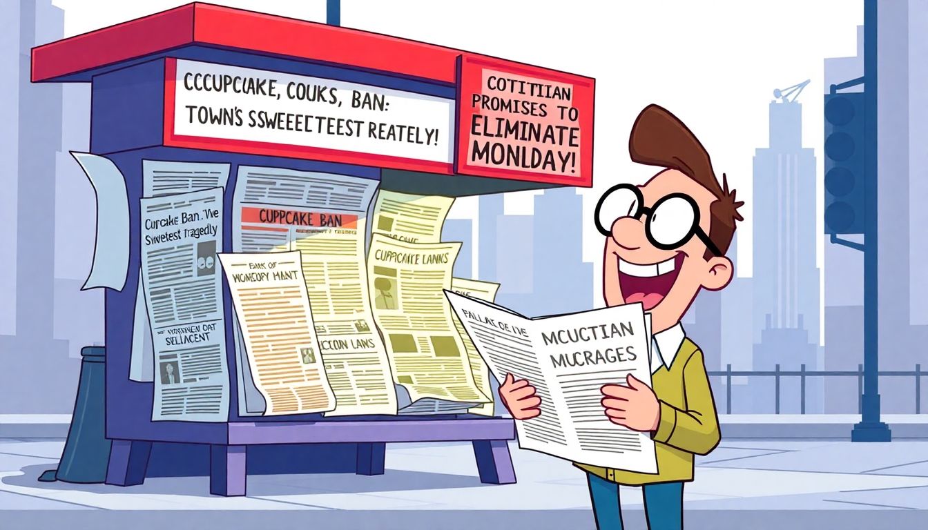 Whimsical newspaper stand with funny headlines and reporter.