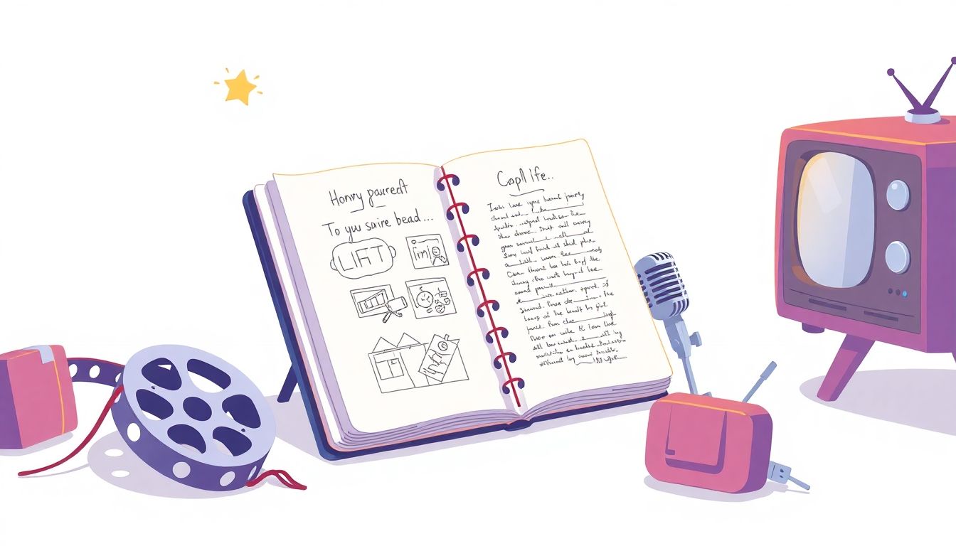 Whimsical notebook with sketches and media symbols.