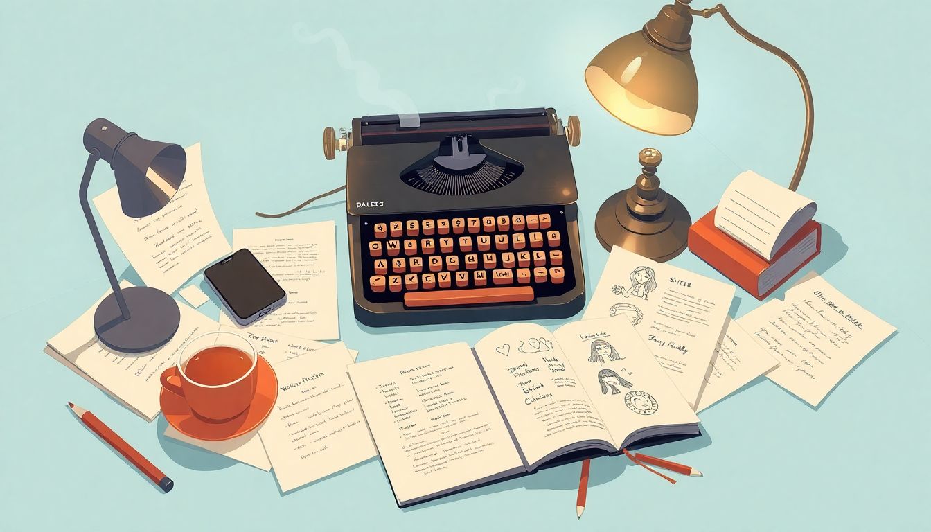 Cozy writing nook with typewriter and tea.