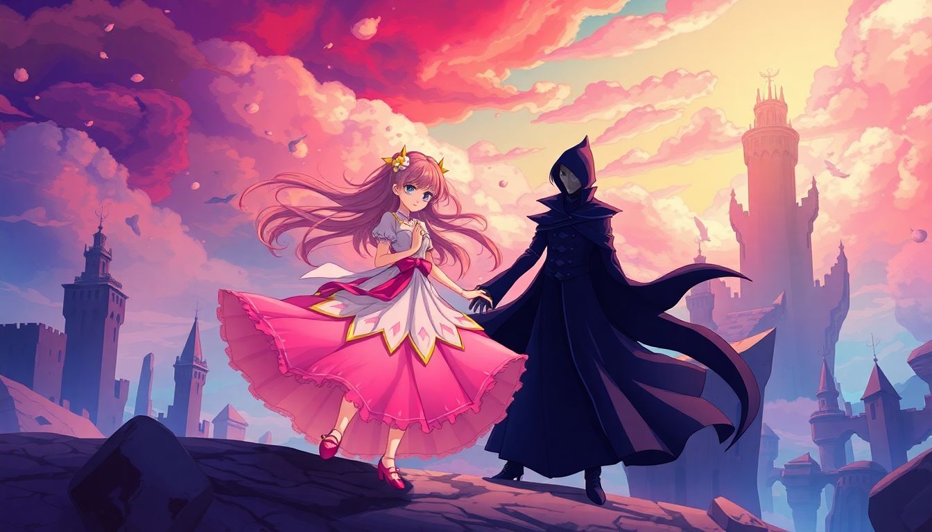 Magical girl allies with shadowy villain in fantasy.