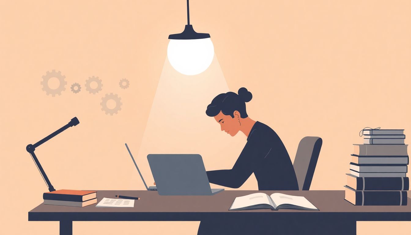 Writer at desk, inspired by creativity's glow.