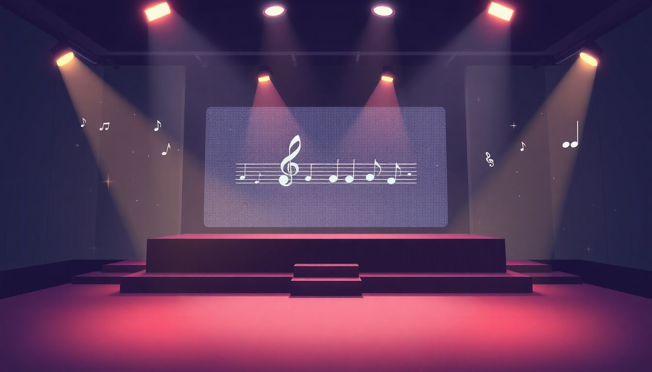 Serene virtual concert stage with soft lighting.