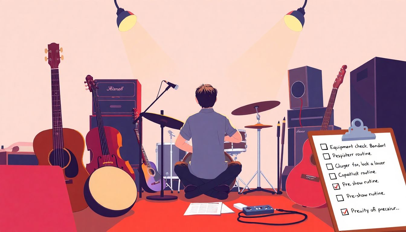 Musician backstage preparing for live performance.