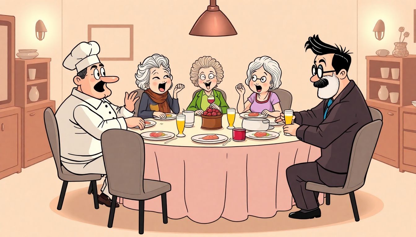 Whimsical family dinner with humorous secrets revealed.