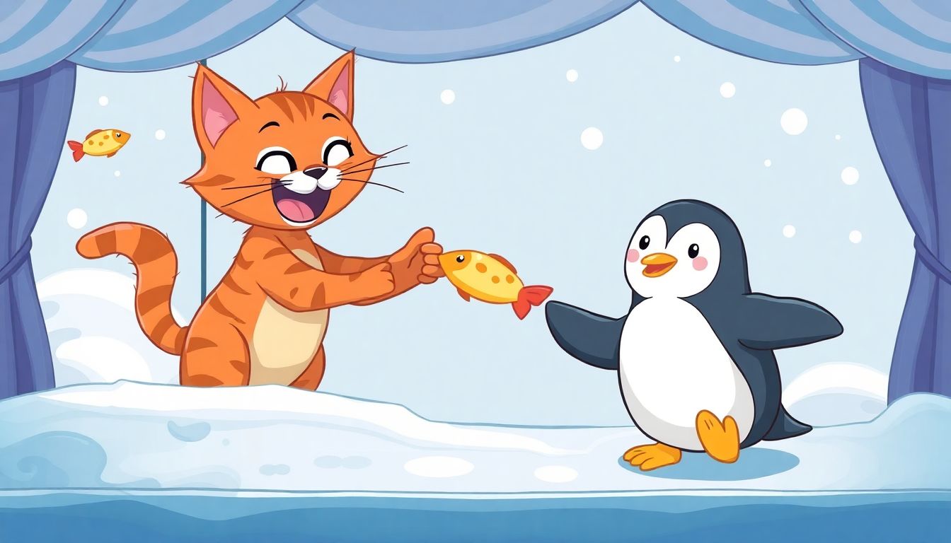 Whimsical puppet show with a cat and penguin.