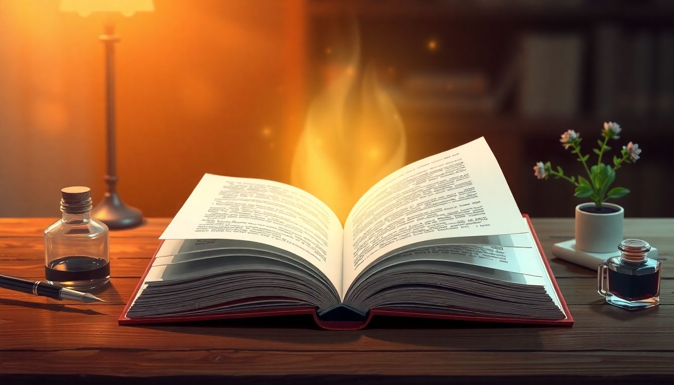 Open book with glowing pages on wooden table.