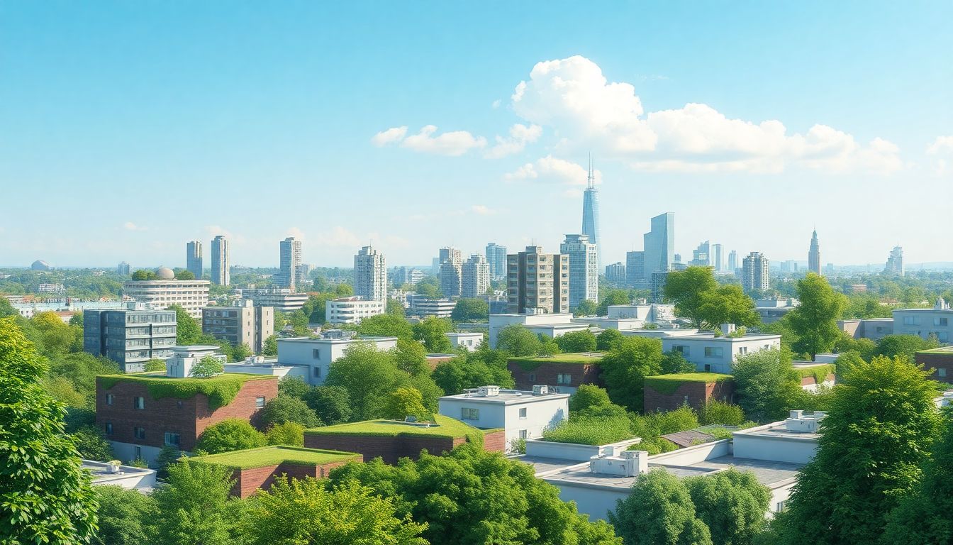 Modern city blending with nature and sustainability.
