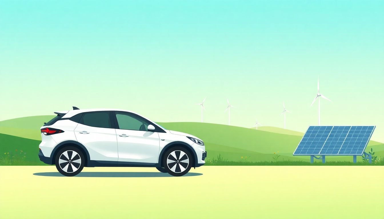Electric vehicle in a serene, eco-friendly landscape.