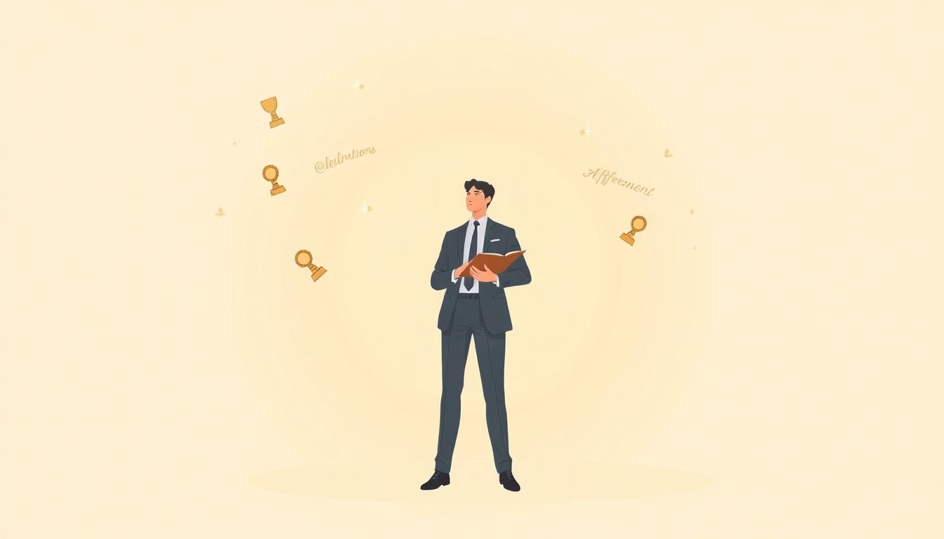 "Individual contemplating career change with symbols of success."