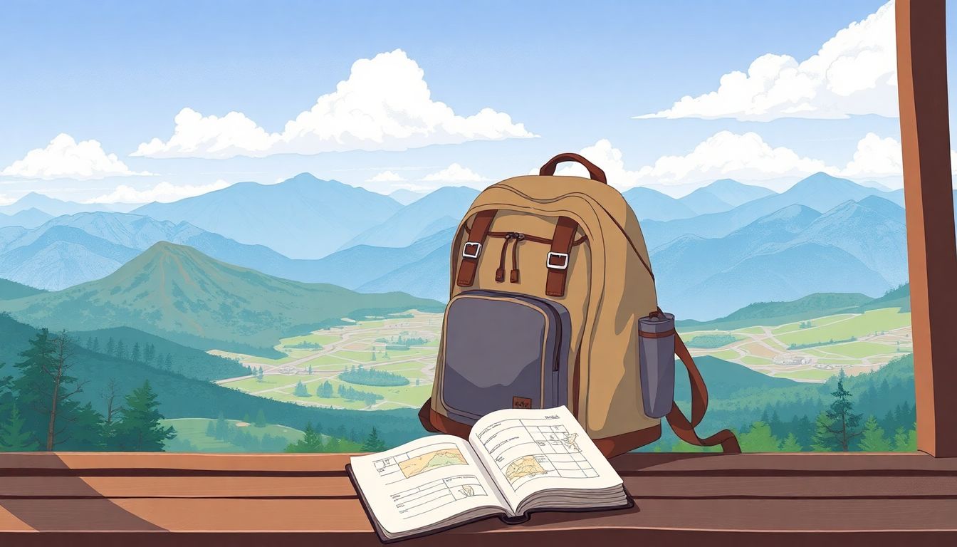 Cozy backpack and travel journal in serene landscape.