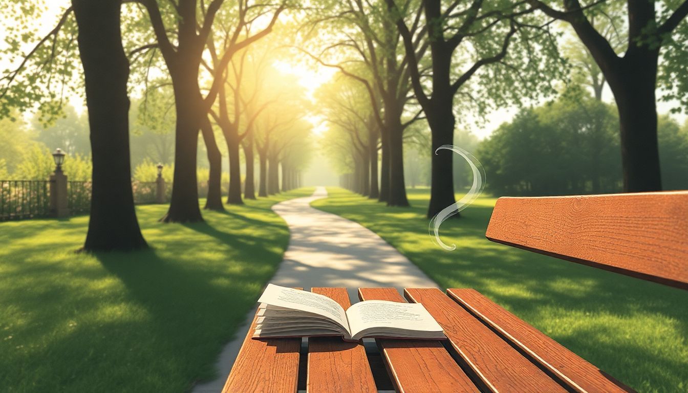 "Serene park path with nostalgic storytelling elements."