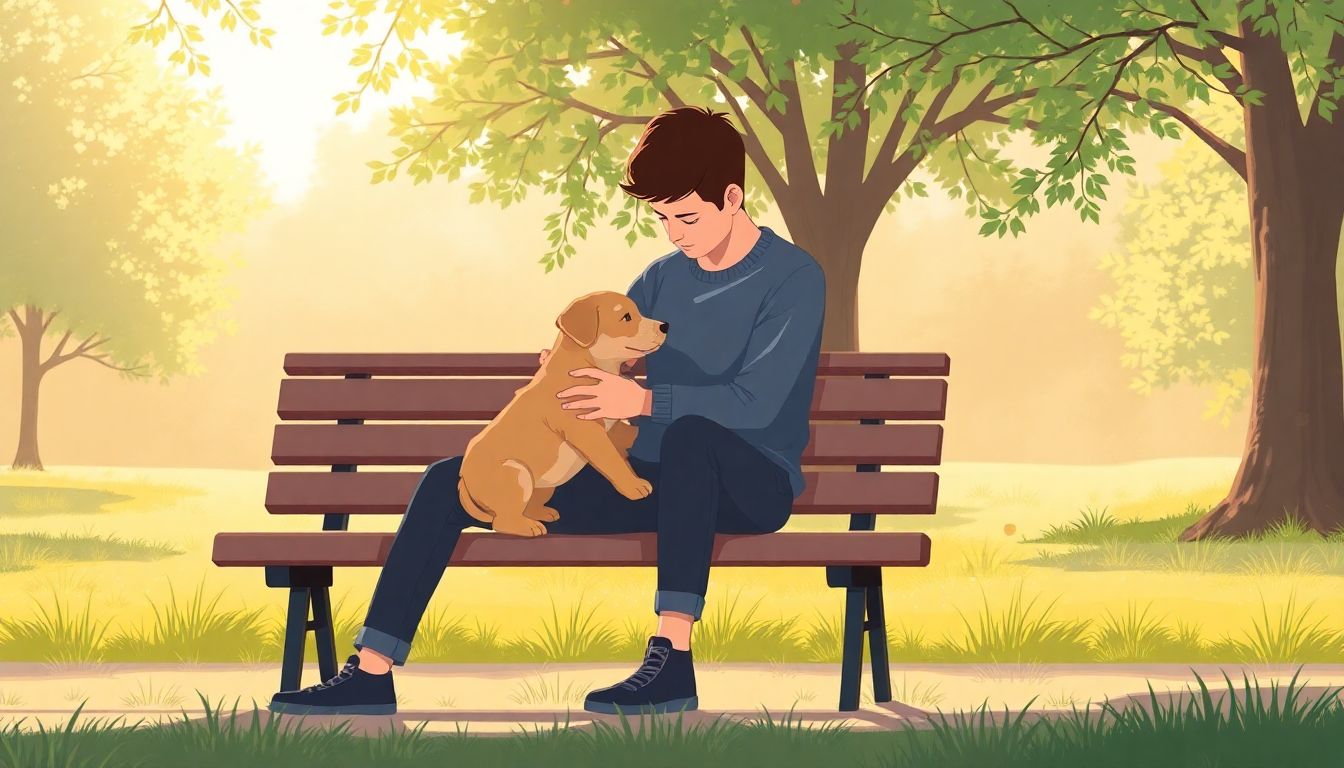 Person cradling puppy in a peaceful park.