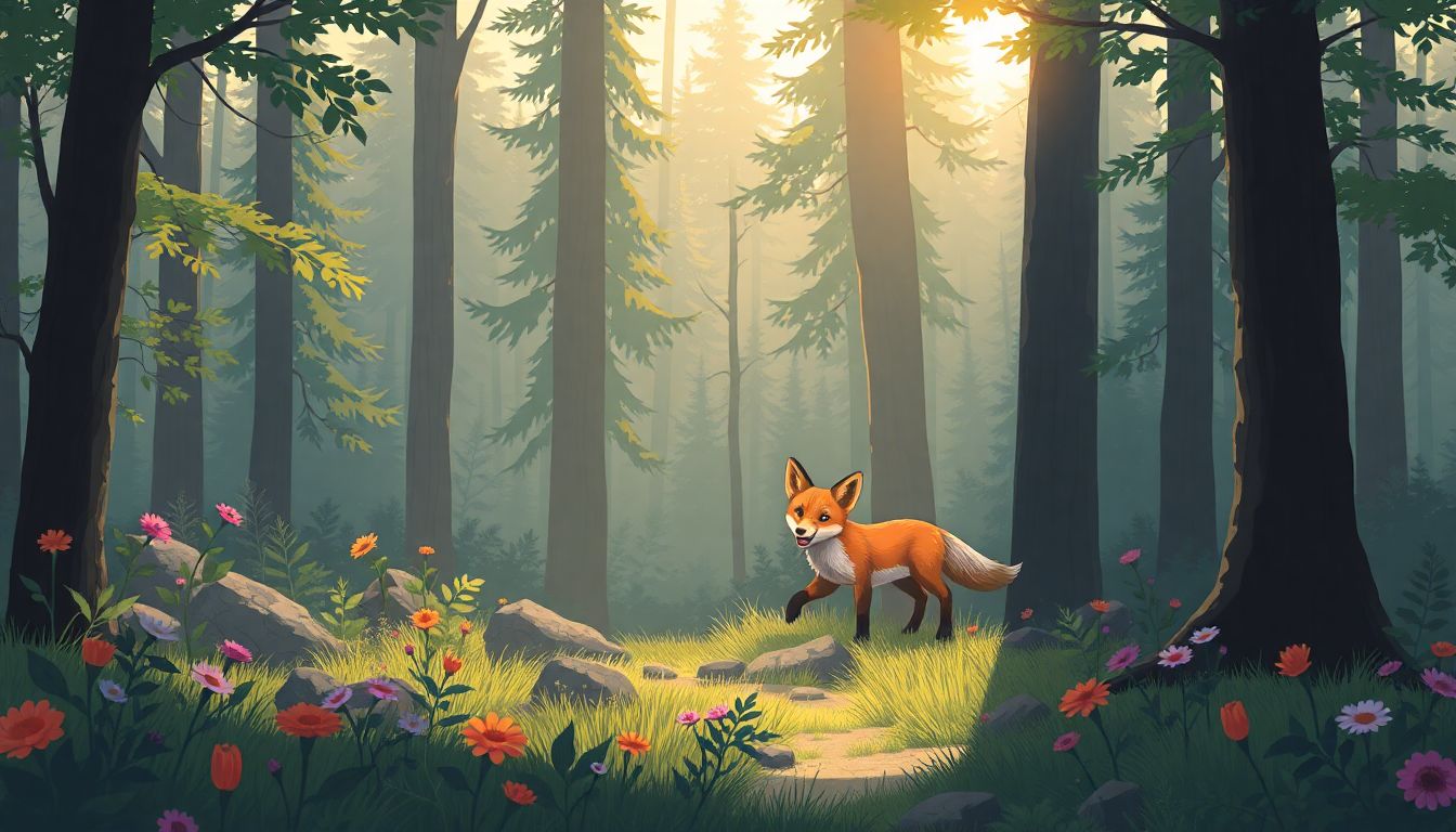 "Rehabilitated animal released in a tranquil forest."