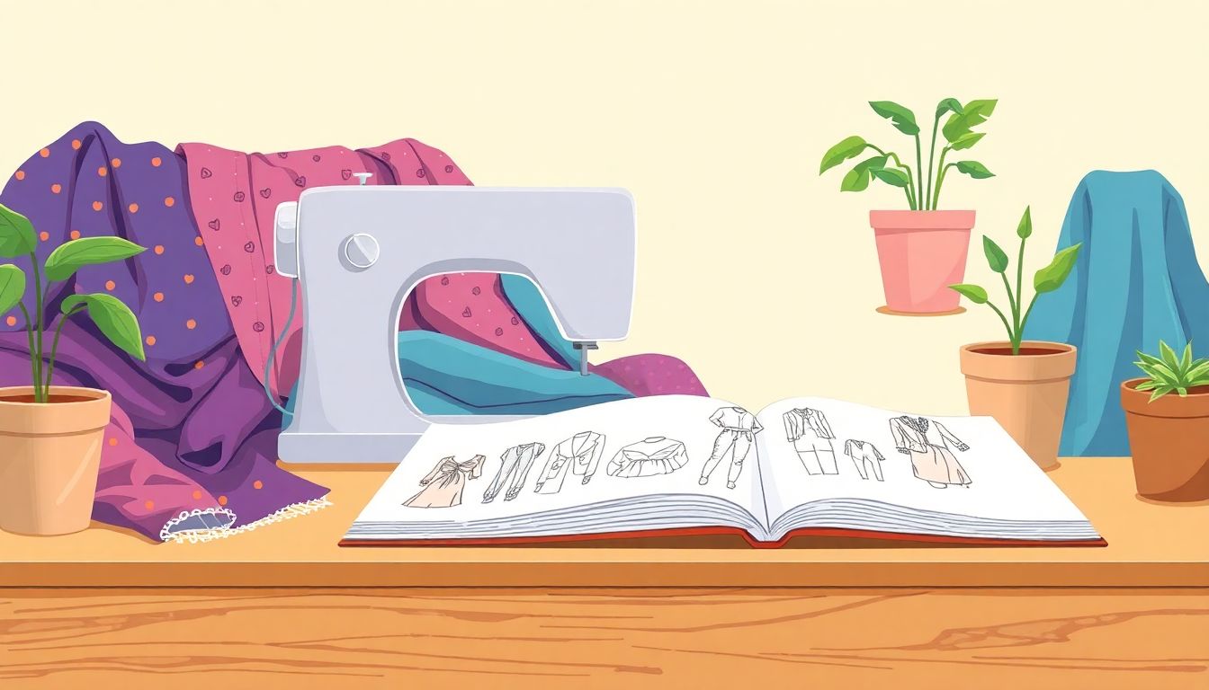 Eco-friendly fashion workspace with sewing and sketches.