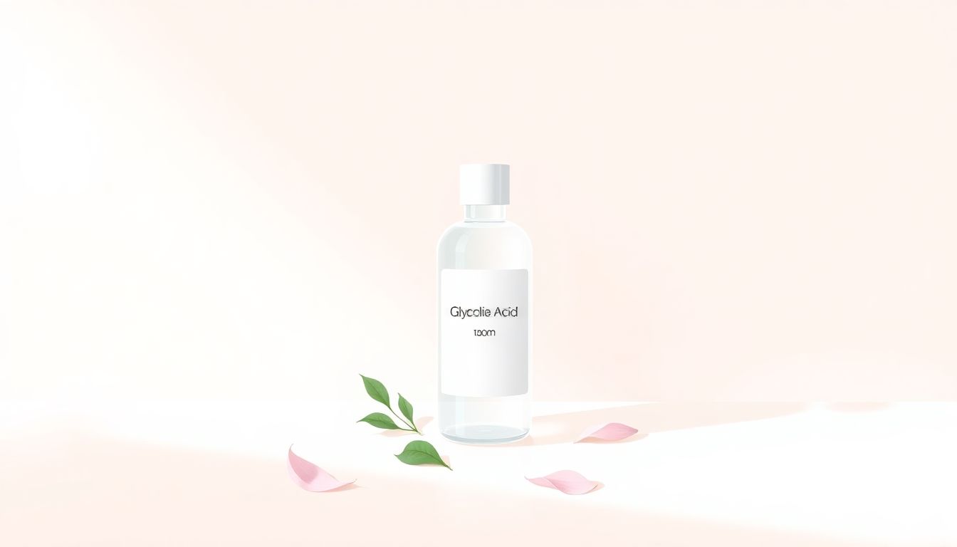 Minimalist skincare setup with glycolic acid bottle.