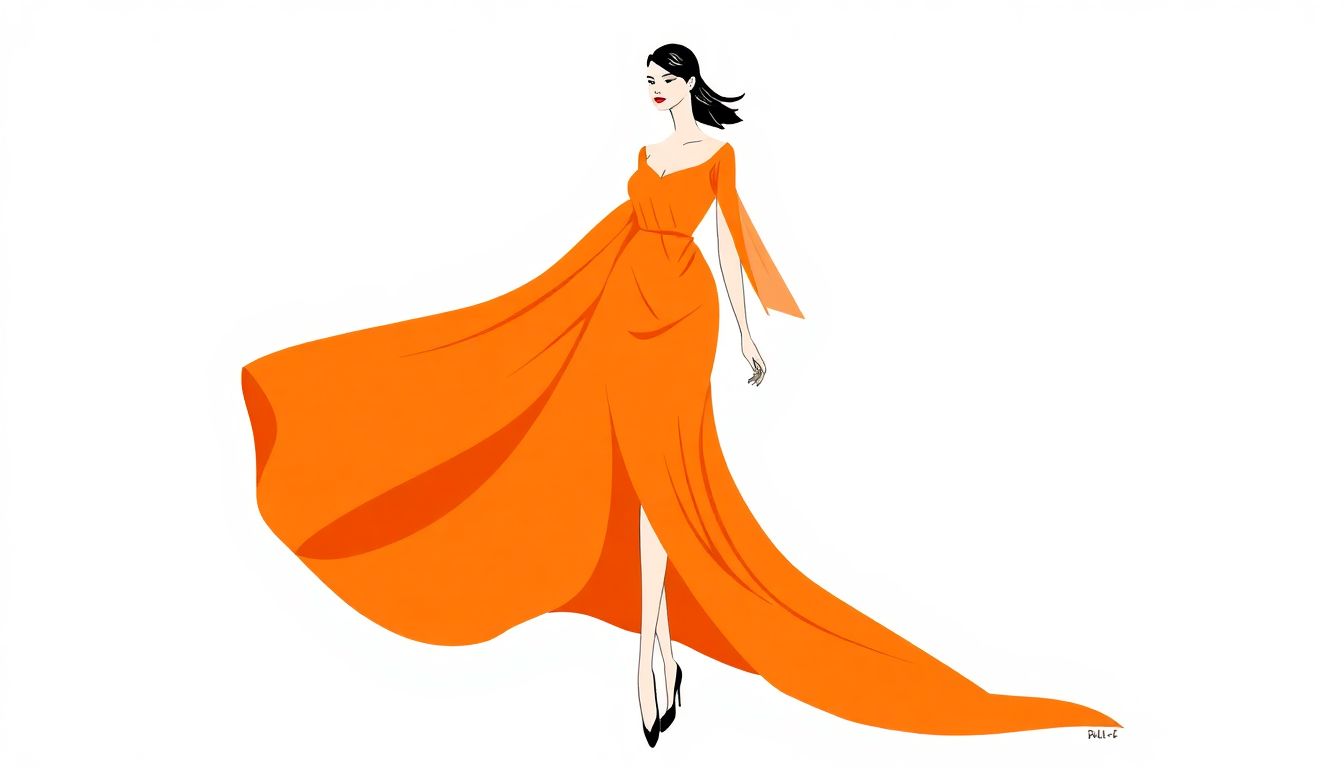 Elegant fashion figure in flowing garment.
