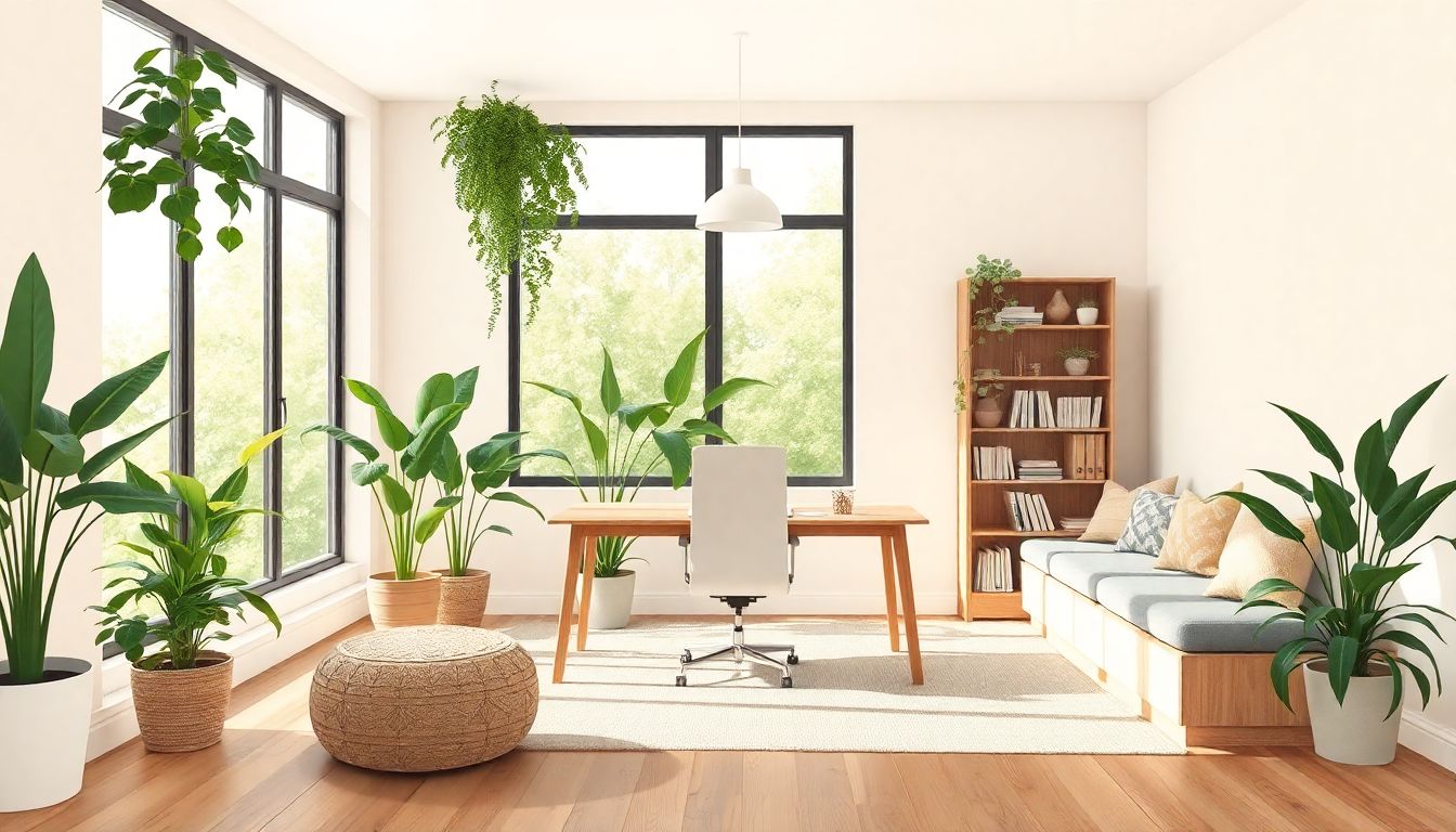 Serene workspace with plants and eco-friendly design.
