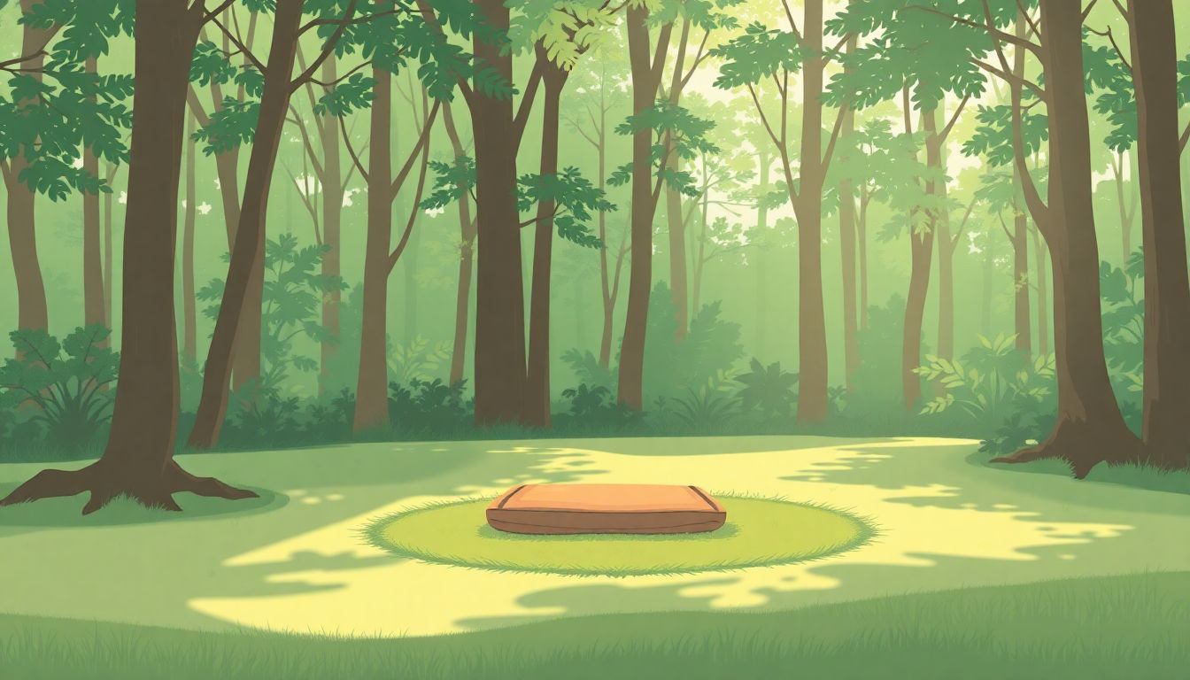 Cozy meditation cushion in a tranquil forest clearing.