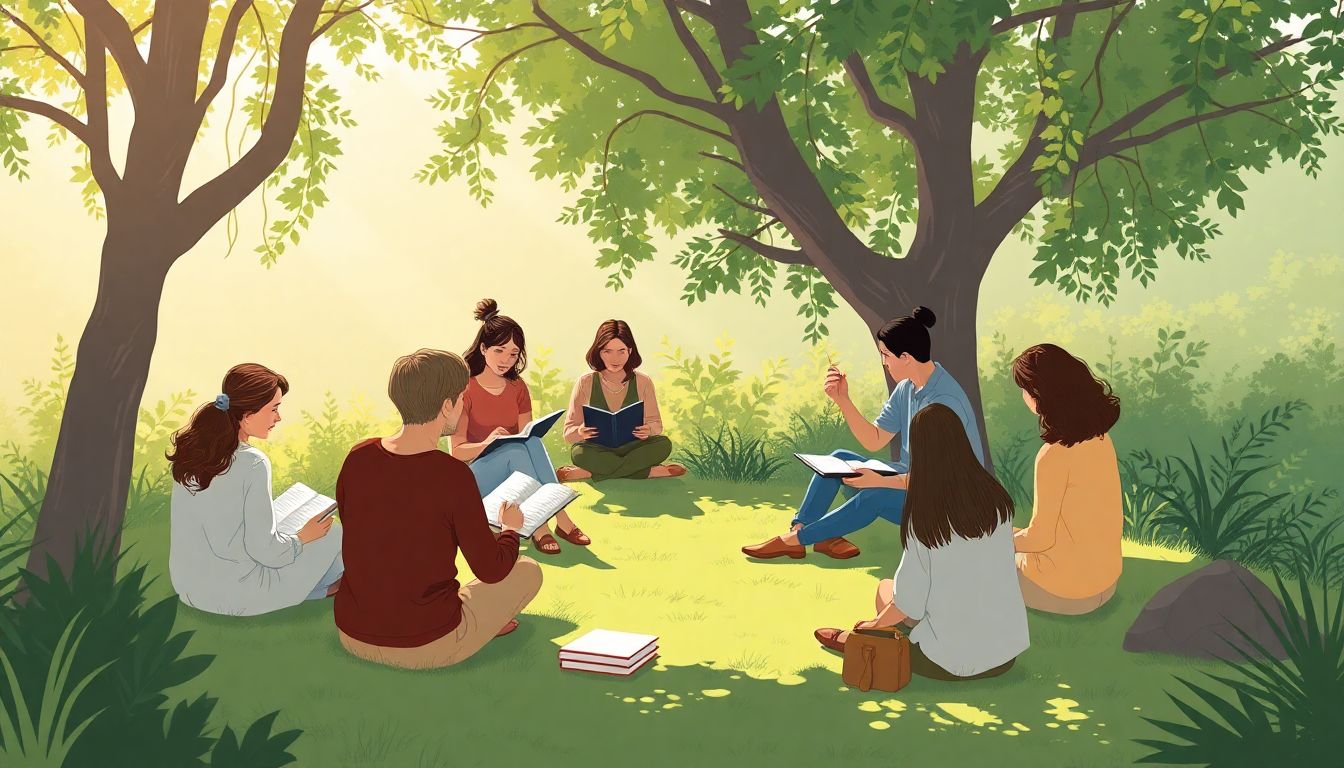 Diverse writers in a peaceful outdoor retreat.