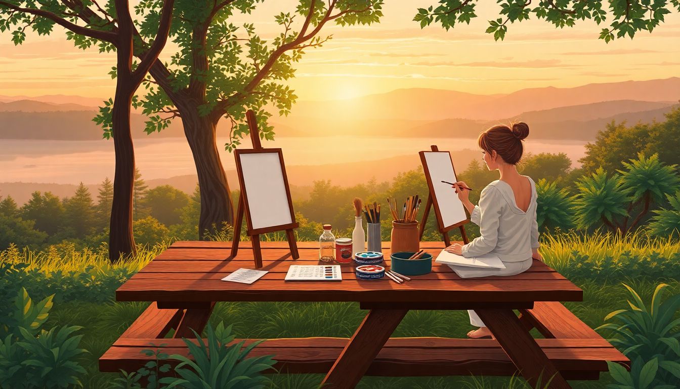 Artist peacefully creating in a tranquil, scenic retreat.