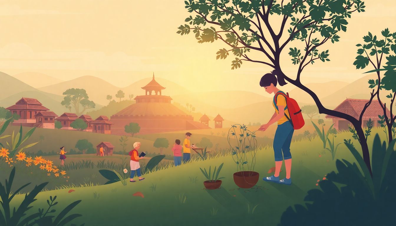 Volunteer teaching children in a vibrant community.
