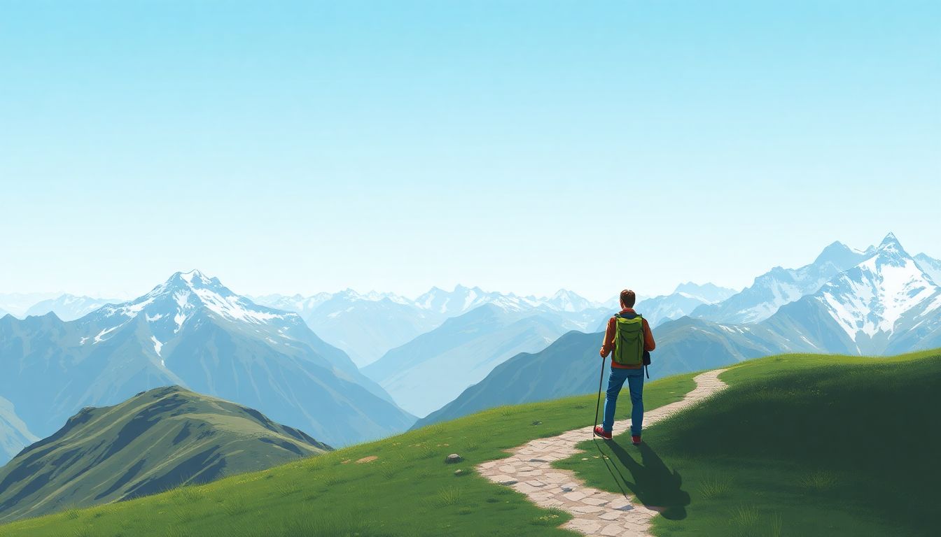 Traveler pausing on serene Swiss Alps hike.