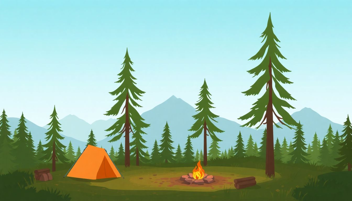 Serene forest campsite with mountains and campfire.
