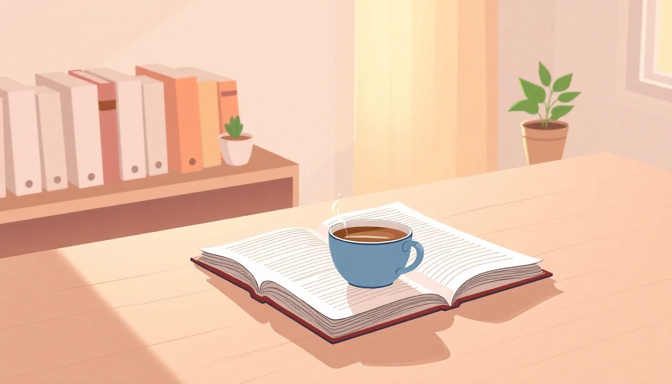 Cozy writing space with coffee, notebook, books, and plant.