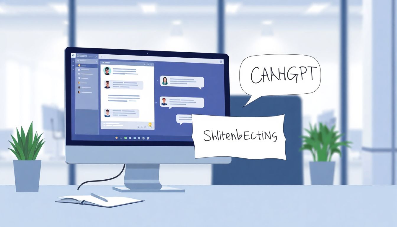 Modern office with chat interface and notes.