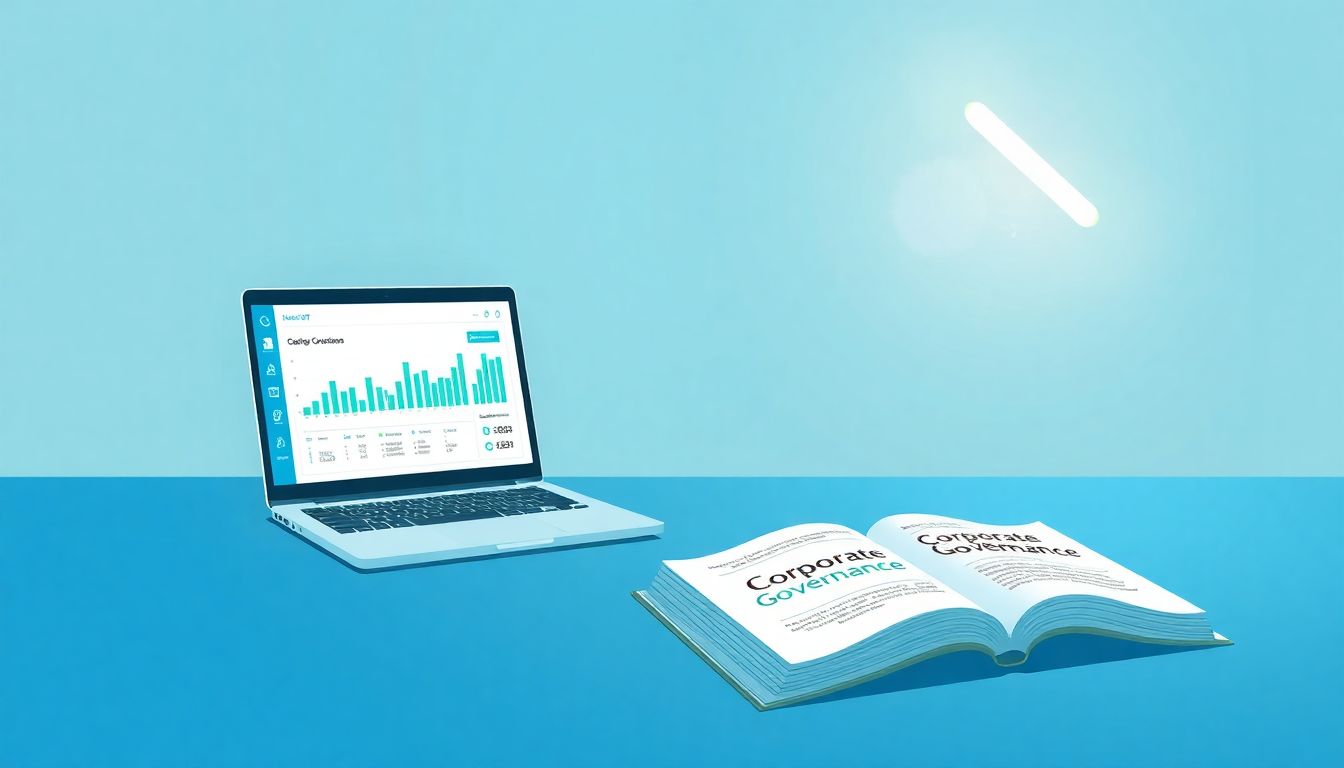 "AI-enhanced corporate governance in a minimalist office."