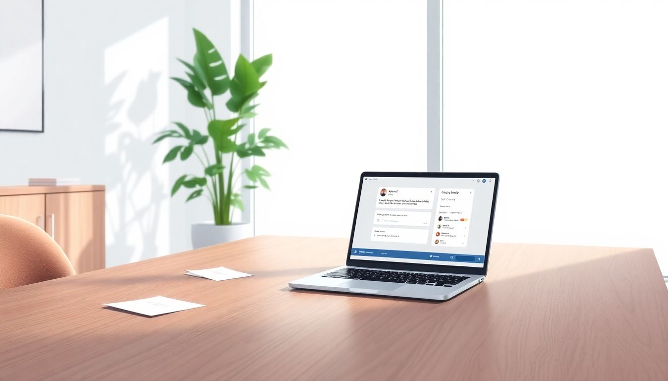 Minimalistic office with laptop and natural light.