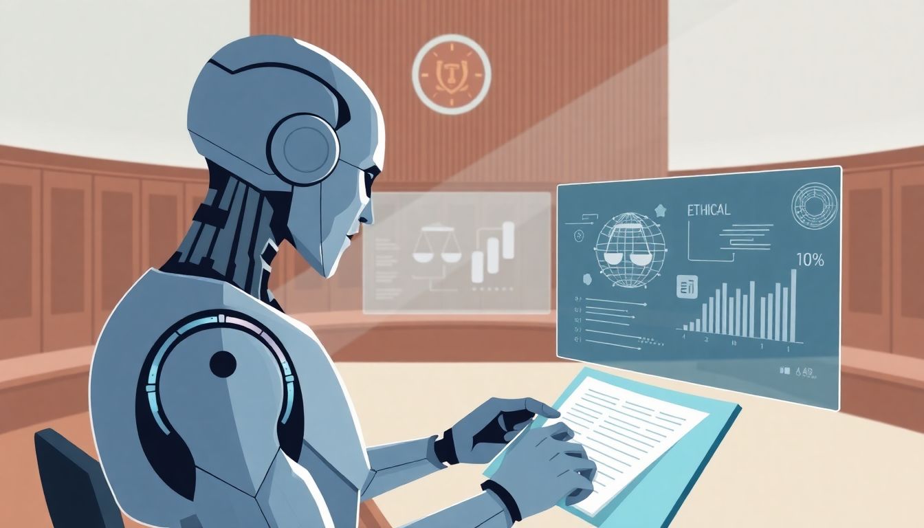 Robotic figure analyzing legal documents in futuristic courtroom.