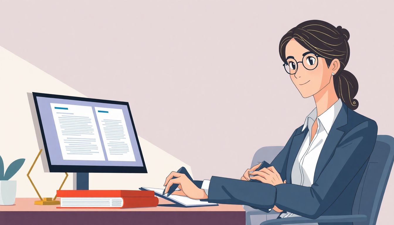 Lawyer collaborating with AI in modern office.