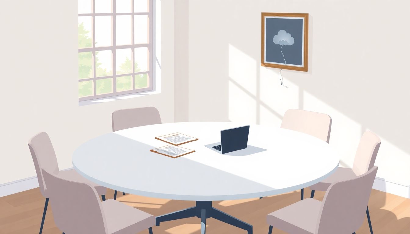 Illustration of a calm, collaborative legislative workspace.