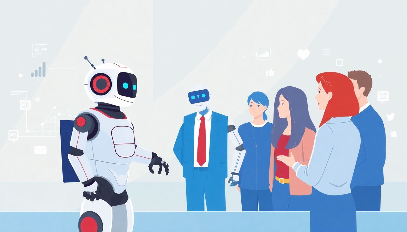 Robot engaging with diverse voters in digital campaign.