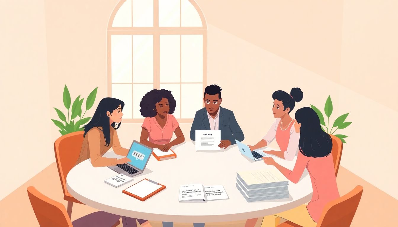Diverse group collaborating in a warm training space.