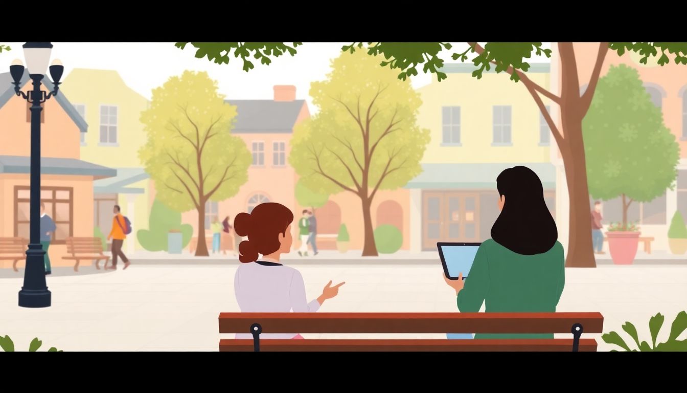 Community members interacting in a warm town square.