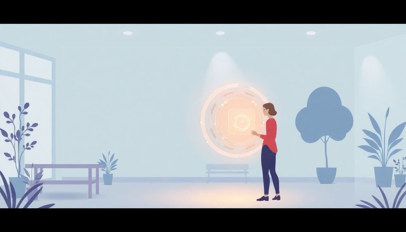 "Volunteer using AI tools in a serene setting."