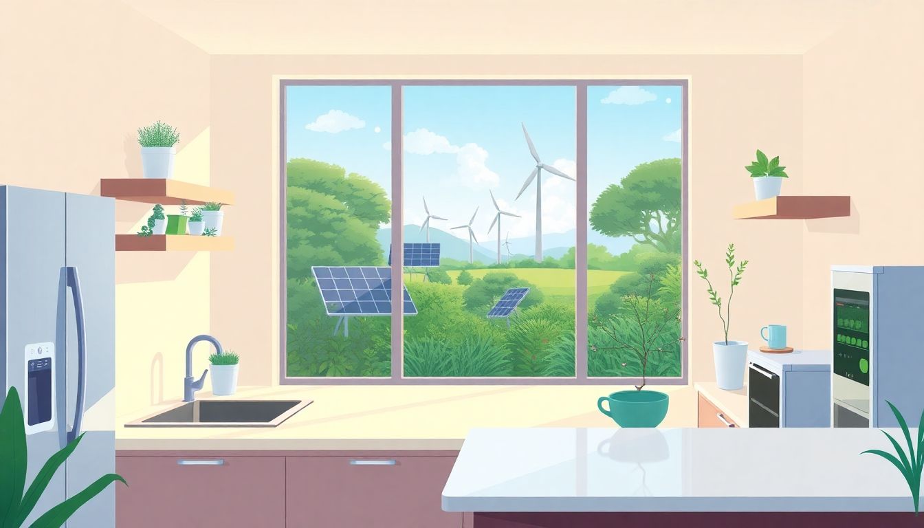 Eco-friendly kitchen highlighting renewable energy features.