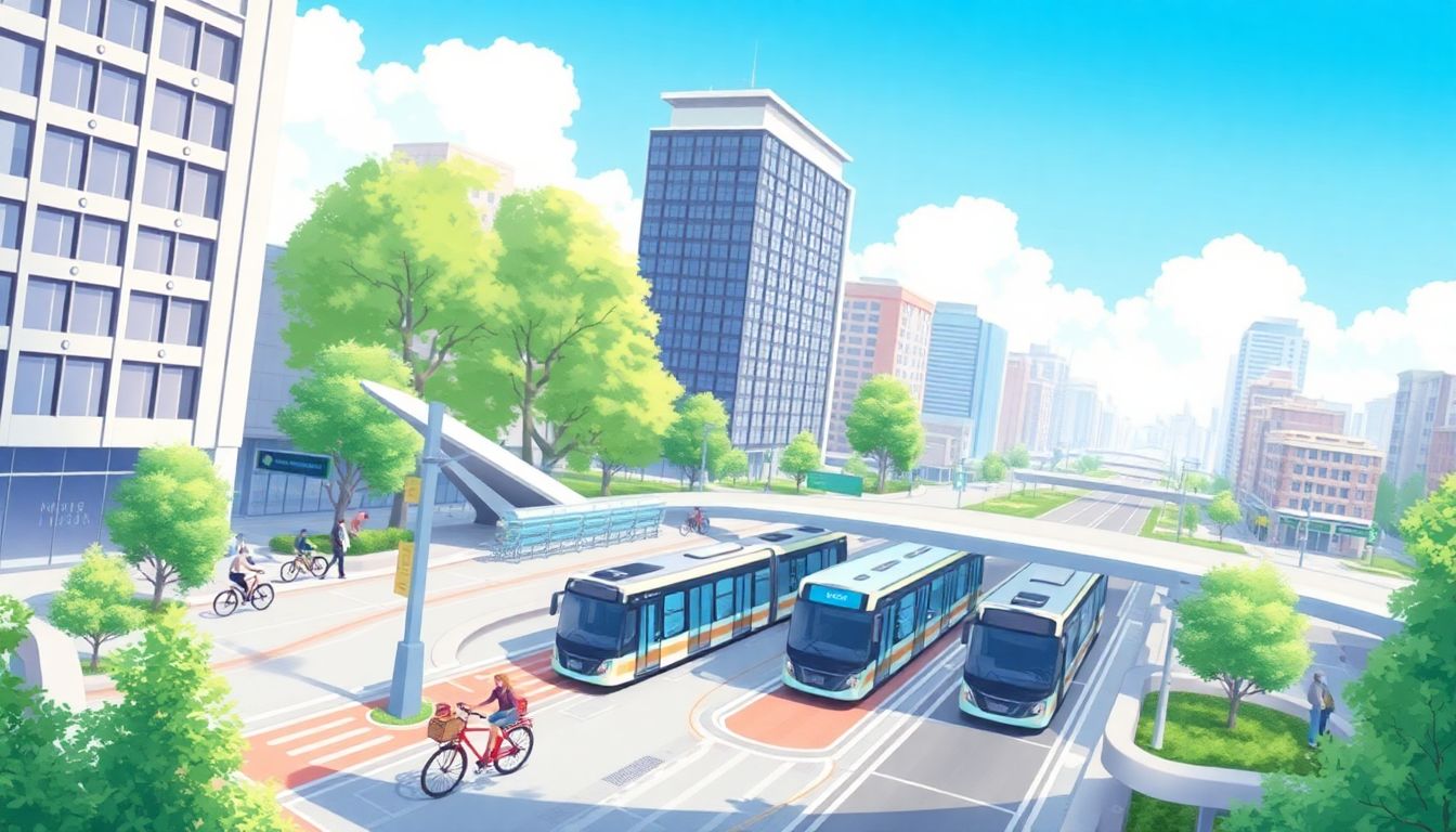 Futuristic smart city with transit hub and greenery.