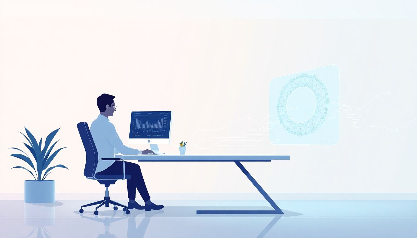 AI-enhanced regulatory reporting in a futuristic office.