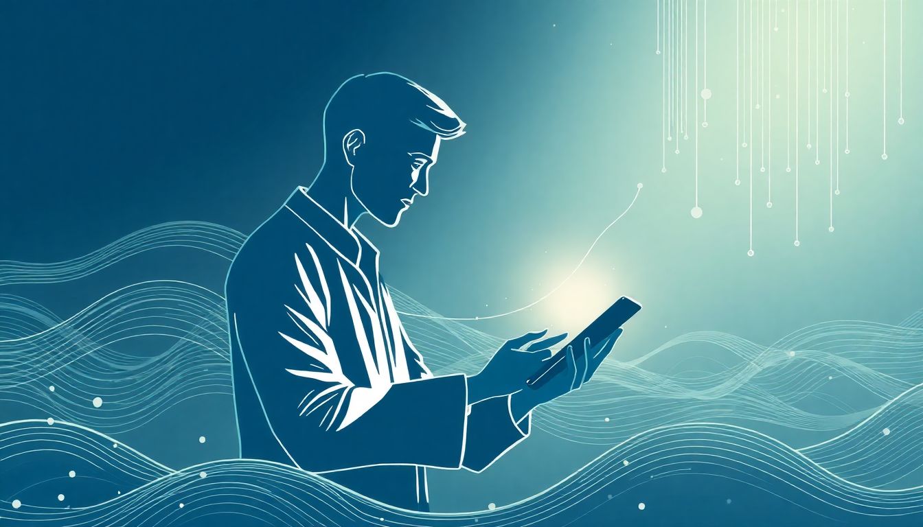 Human researcher engaged with abstract AI elements.