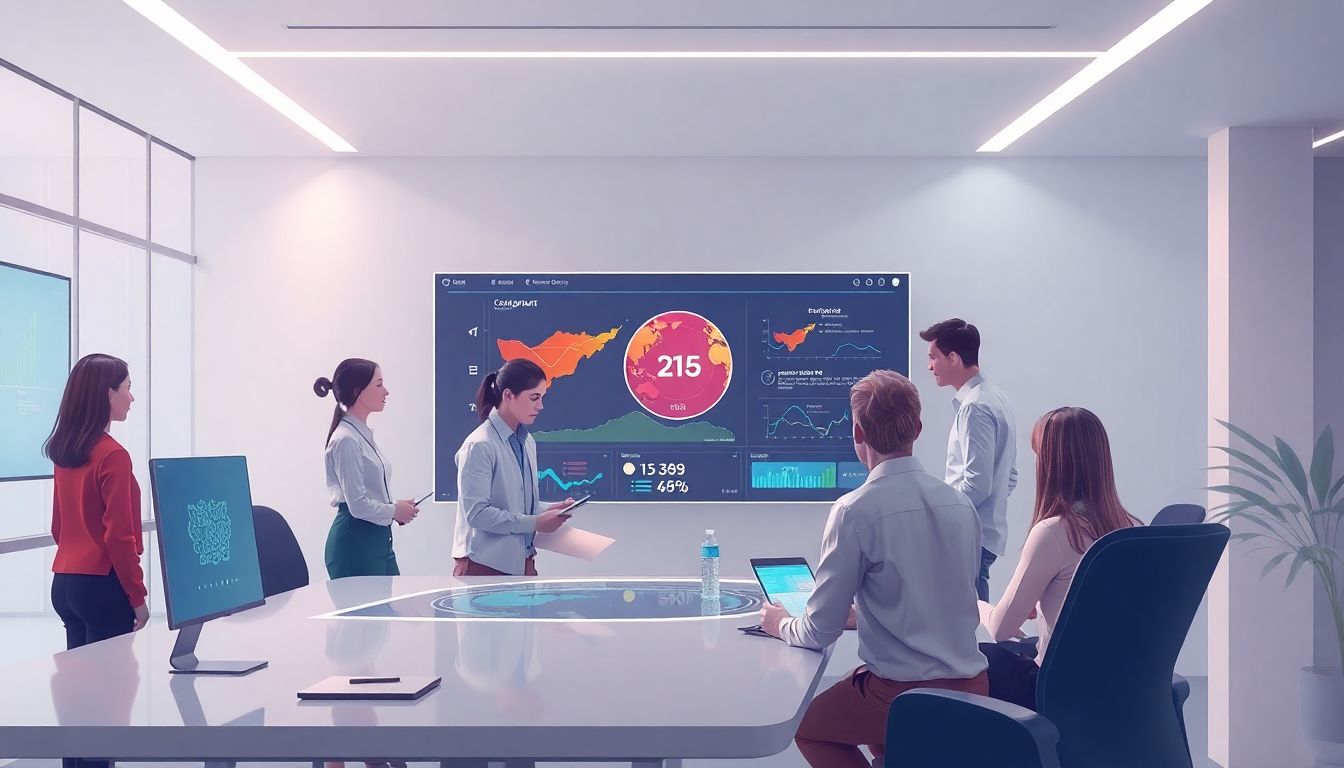 Diverse team collaborating in a high-tech workspace.