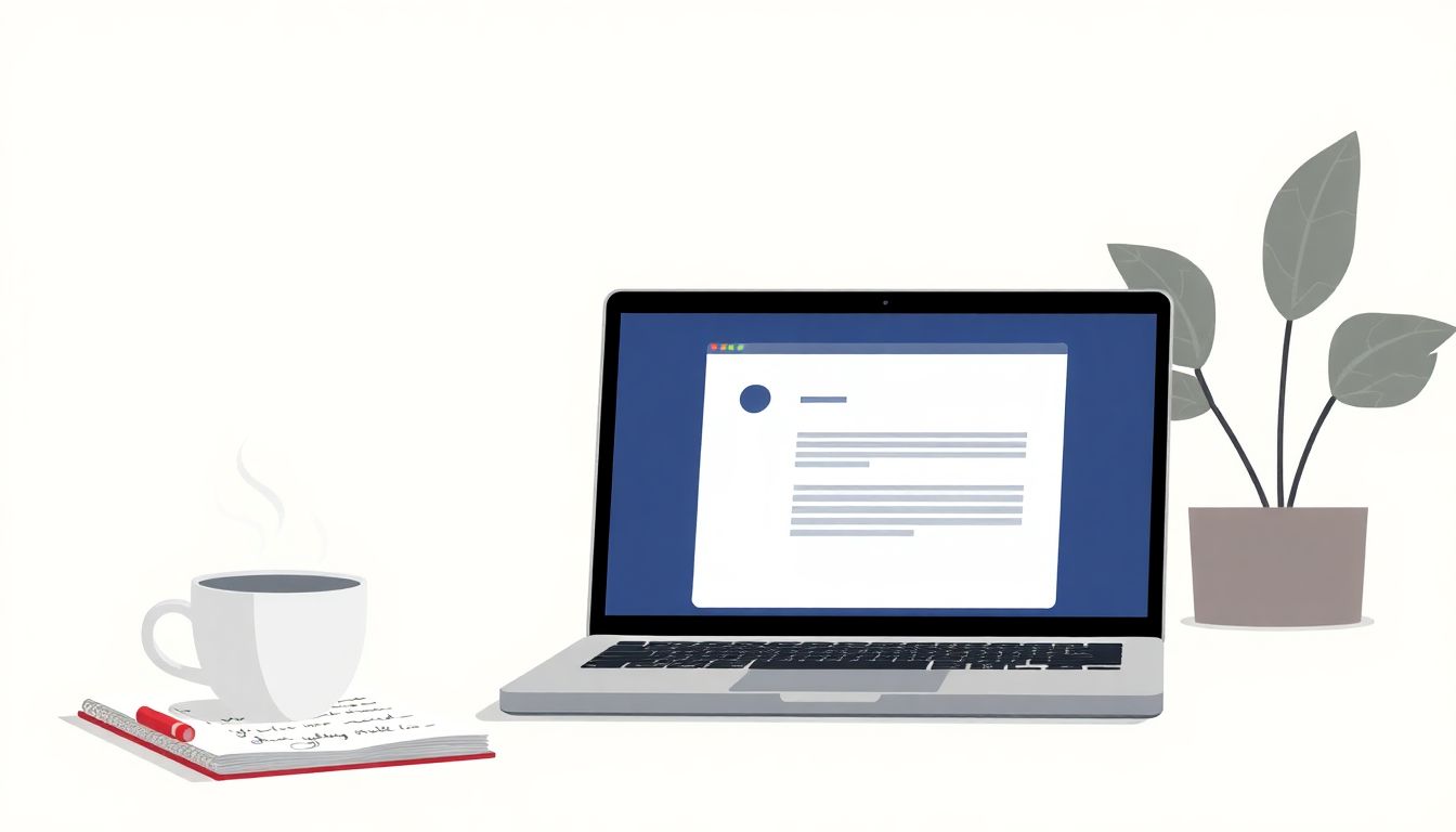 "Calm workspace with laptop, coffee, and notepad."